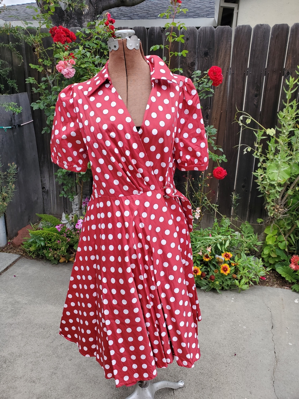 Kitten D'Amour Red Polka Dot Wrap Midi Dress with Short Puff Sleeves